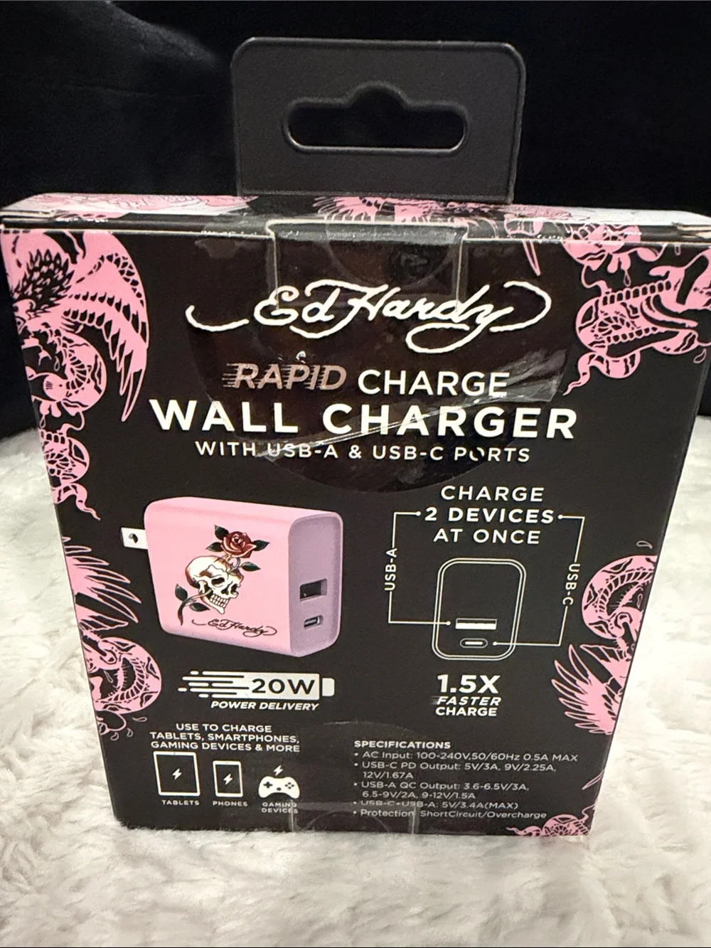 Ed Hardy Pink Skull & Rose 20W Dual-Port Wall Charger